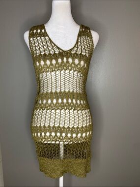 Jennifer Lopez Moss Green & Gold gold Open-knit Crochet Dress Coverup - Size M